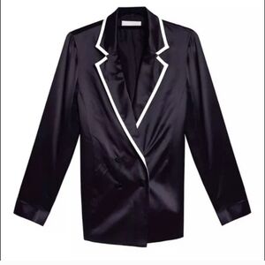 Fleur du Mal Black Satin Blazer with White Trim